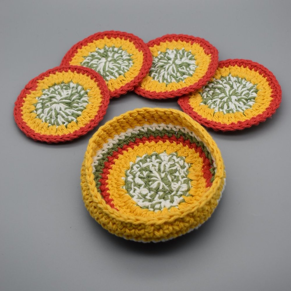 Handcrafted Crochet Coasters Set of four with Matching Basket - Picture 5 of 11